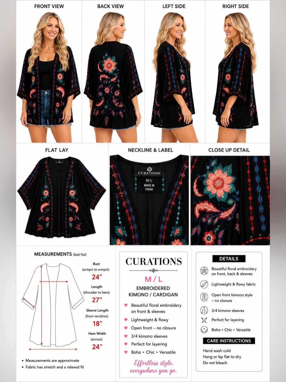 Curations M/L Black Embroidered Floral Boho Open Front Kimono Cardigan Jacket - Picture 2 of 6